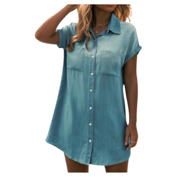 NWT Women's Short Sleeve Button Down Distressed Chambray Shirt Dress XXL - Picture 1 of 6